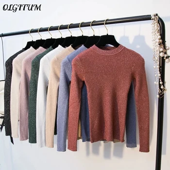 

Autumn Winter New Sweater Women Long Sleeve Pullover Shiny Line Women Sexy Basic Sweater Women 2019 Korean Style Knit Tops Femme