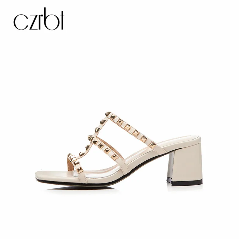 

CZRBT Summer Genuine Leather High Heels 5.5cm Slippers 2018 Women Open Toe Rivet Sandals Outdoor Coarse heel Gladiator Slides