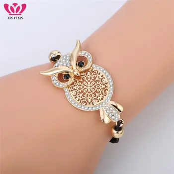 

Gold Owl Charm Bracelet for Women Black Rope Chain Pulsera mujer CZ Crystal Bracelet Femme Party Jewelry Gift Dropshipping 2018