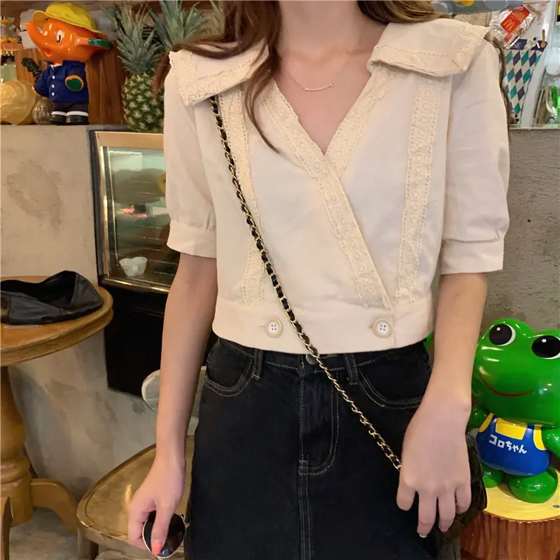 Alien Kitty Fashion Loose All-Match Short Sleeves Retro Summer Patchwork Lace 2019 Casual V-Neck Female Sweet New Style Shirts | Женская