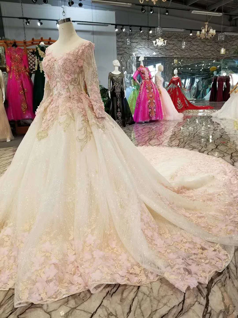 LSS188 недорогое свадебное платье с розовыми цветами и длинным рукавом кружевное