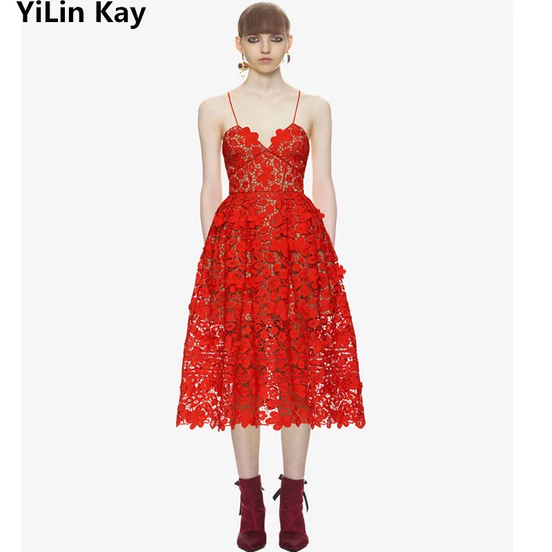 

YiLin Kay High-end Custom Self Portrait 2019 Women Lace Dress Hollow out Hook flower Condole belt Longdress