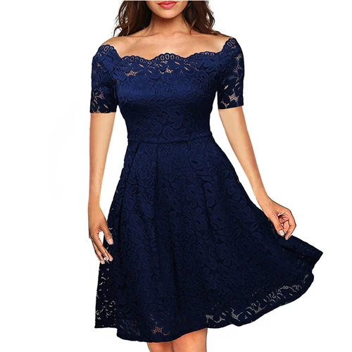 OTEN, Женская винтажная туника с длинным рукавом, с открытыми плечами, кружевная, с вышивкой, в стиле пэчворк, свадебные, Коктейльные, вечерние, элегантные, женские платья - Цвет: Short sleeve Blue