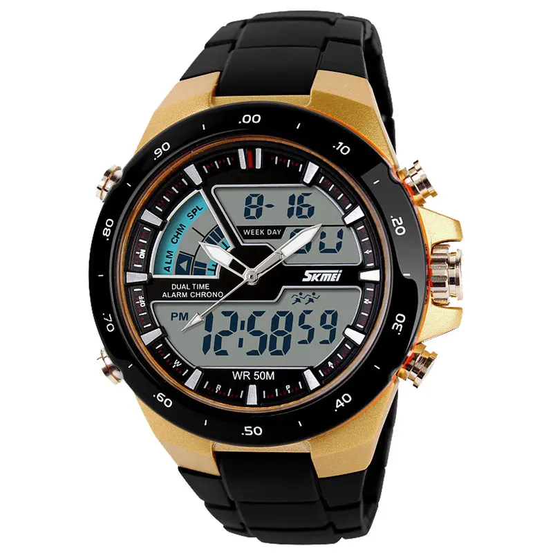 SKMEI известные мужские спортивные часы Цифровые кварцевые наручные часы будильник водонепроницаемые военные Chrono Relogio Masculino часы мужские спортивные - Цвет: Gold