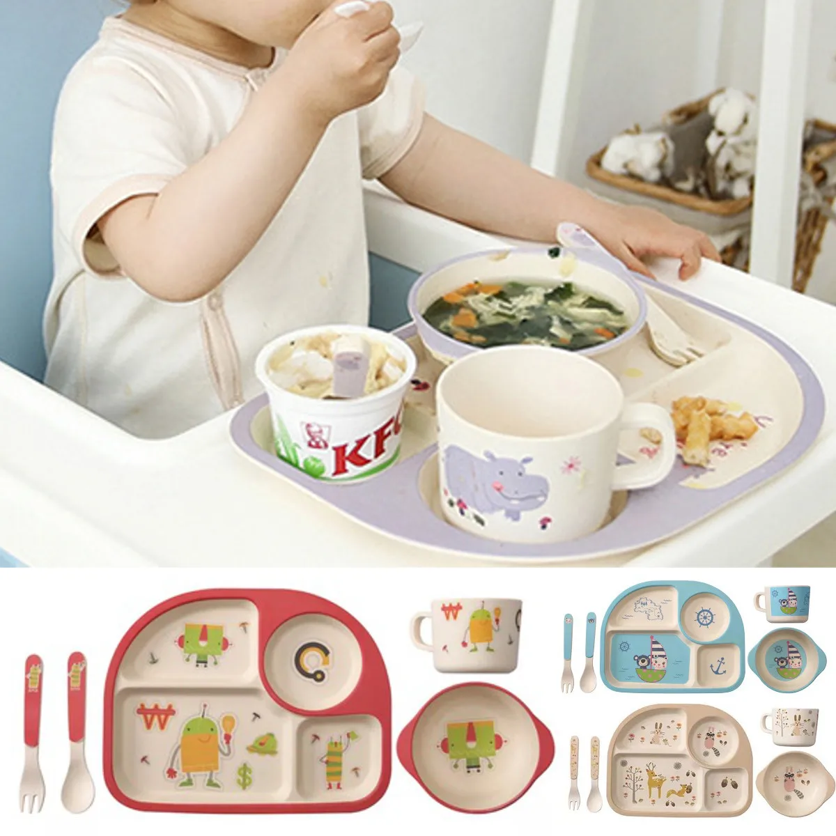 4 Colors Baby Feeding Bowl Plate Dishes Fork Spoon Cup Children Tableware Bamboo Fiber Cartoon Separation Feeding Plate 5Pcs/Set 4 Colors Baby Feeding Bowl Plate Dishes Fork Spoon Cup Children Tableware Bamboo Fiber Cartoon Separation Feeding Plate 5Pcs/Set