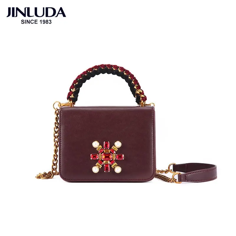 

JINLUDA Bag Female 2018 New Retro Genuine Leather Small Square Solid Shoulder Bag Handbag Rhinestone Decoration Messenger Bag