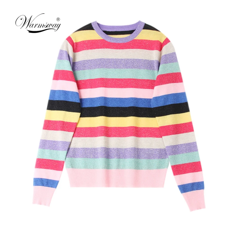 Rainbow Colorful Stripe Print Women Casual Sweaters 2019 Fashion O-neck Knitwear Loose Pullovers Lurex Jumper Pull  B-169