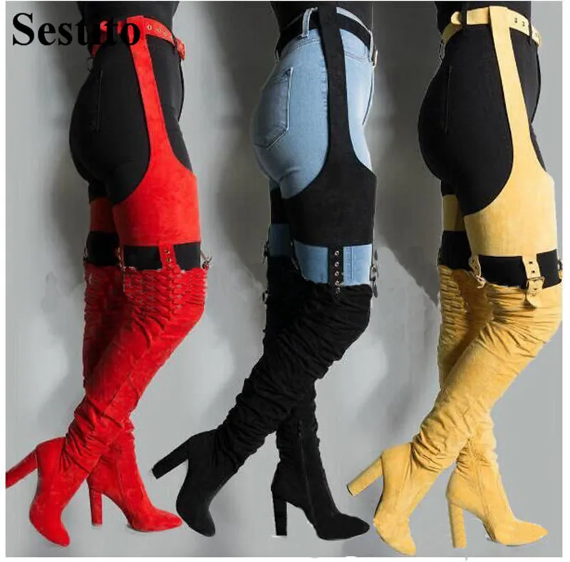 

European Sexy Red Flock Belt Thigh High Boots Pointed Toe Over-the-Knee Boots Women Hoof Heels Zip Autumn Catwalk Women Shoes
