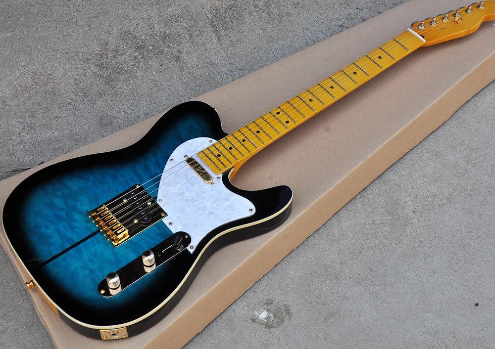 

Factory Custom Blue full dog Electric Guitar with White Pearl Pickguard,Clouds maple veneer,offering customized services