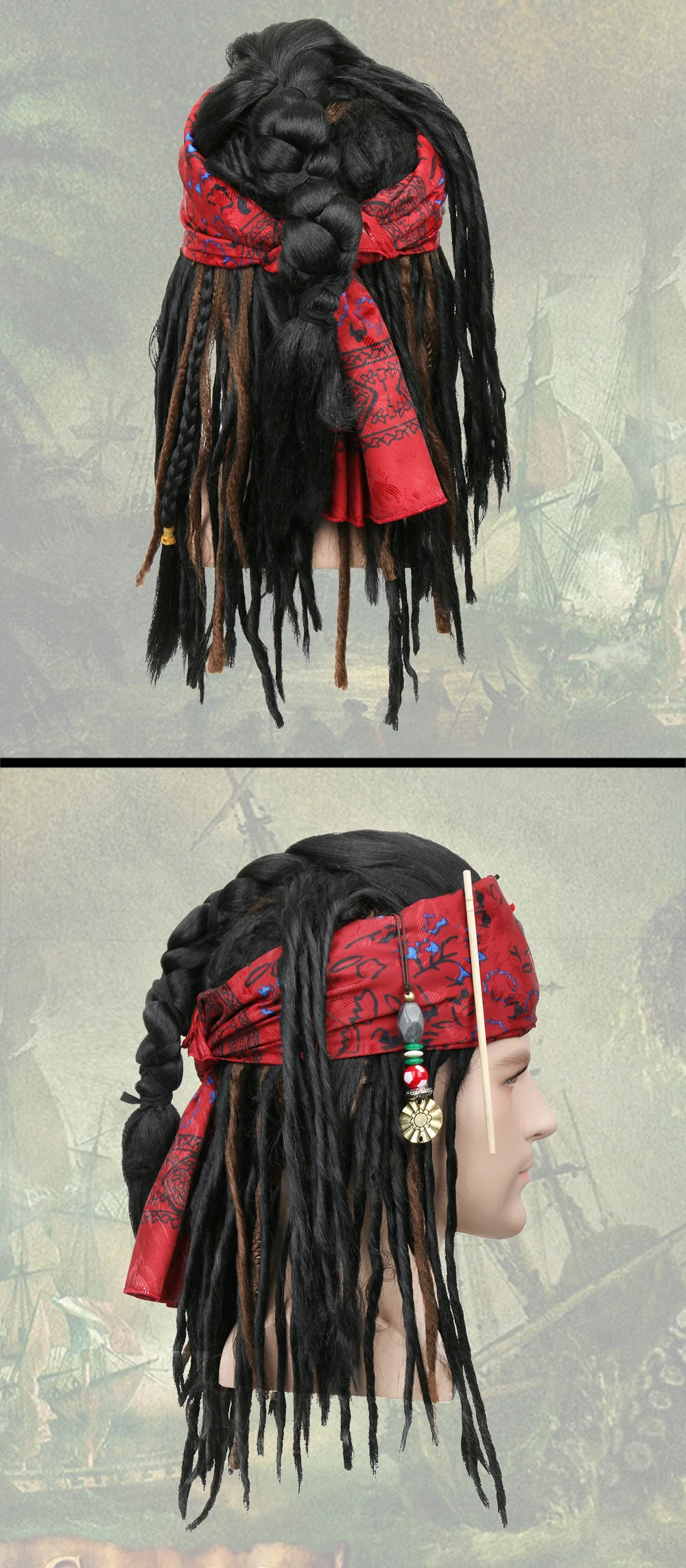 Takerlama Pirates of The Caribbean Pirate Captain Jack Sparrow Halloween Cosplay Wig Synthetic Hair