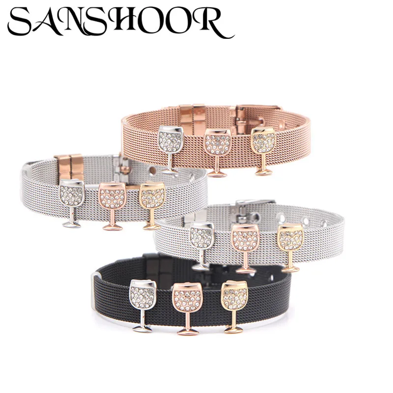 

SANSHOOR Jewelry Stainless Steel Mesh Bracelet Sets With Crystal Wine Glass Slides Charms For Women and Girls As Gifts