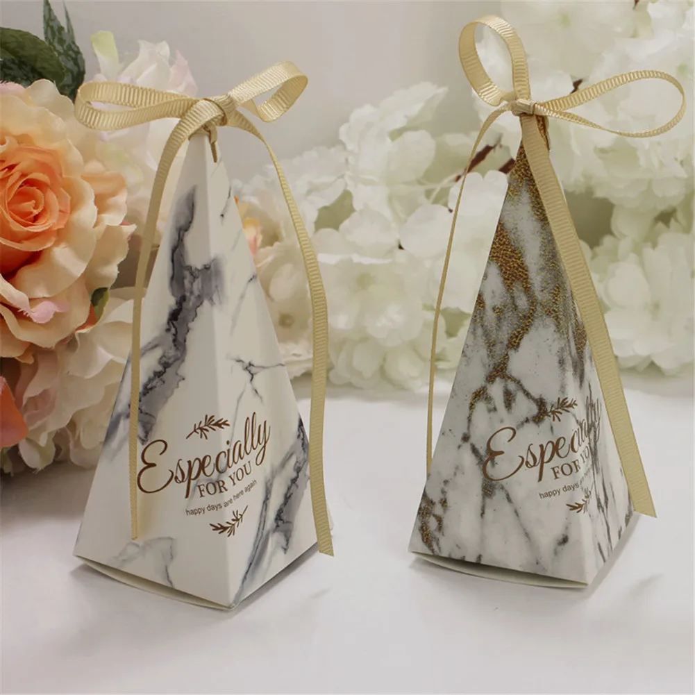 

50Pcs Pyramid Shape Candy Boxes with Ribbon Wedding Birthday Party Favor FP8