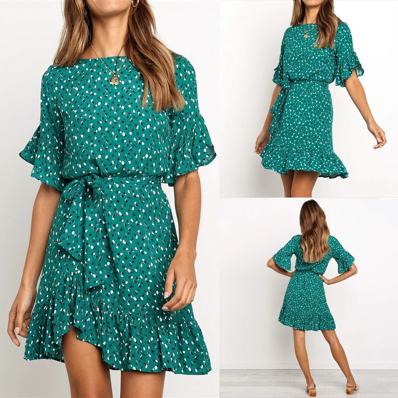 

Oufisun 2019 Summer New Casual Print women's Dress O-Neck Sashes Short-Sleeve Chiffon Dresses A-Line Fashion Loose Empire Dress