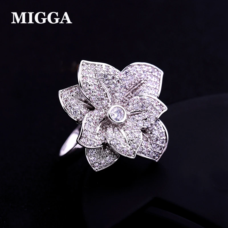

MIGGA Elegant Large Flower Micro Paved Cubic Zirconia Big Luxury Ring for Women Ladies CZ Crystal Bague