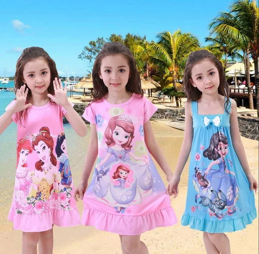 

Hot Selling Big girls summer short sleeve Nightgown Pajamas kids lovely nightdress cute cartoon child baby sleeping dress YW370