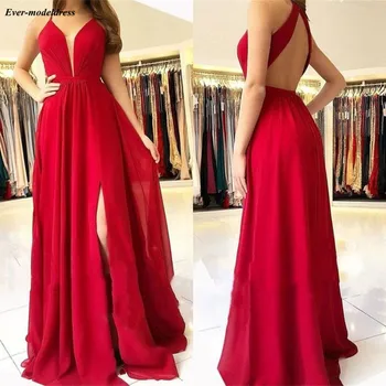 

Charming Red Chiffon Deep V-Neck Prom Dresses 2019 Sleeveless Backless Formal Party Gowns With Side Slit Cheap Customized Robes