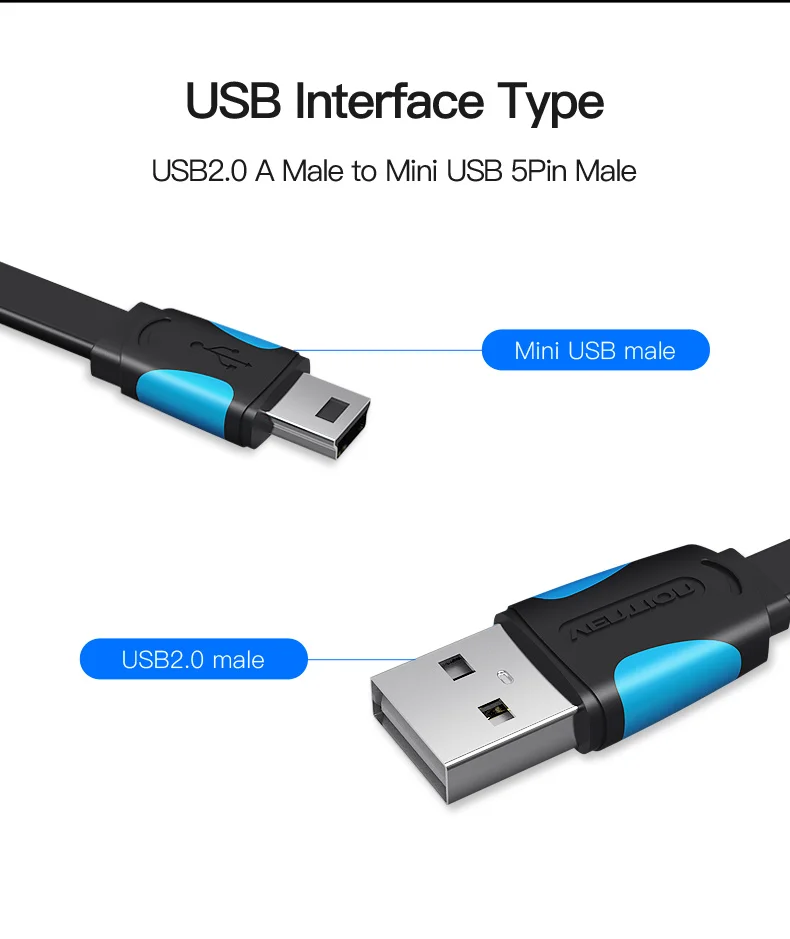 Кабель Vention Mini USB 0,25 м, 0,5 м, 1 м, 1,5 м, 2 м, кабель USB для синхронизации данных и зарядки для MP3 MP4 плеера, gps камеры, мобильного телефона, Mini USB