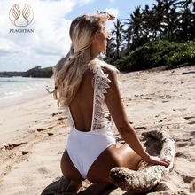 Персиковое Кружевное белое бикини для женщин,, пуш-ап купальник, женский купальник с высокой посадкой, сексуальный боди, Цельный купальник с открытой спиной