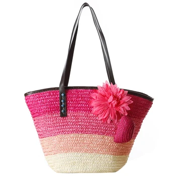 

Knitted Straw bag Summer flower Bohemian fashion women's handbags color stripes shoulder bags beach bag big tote bags