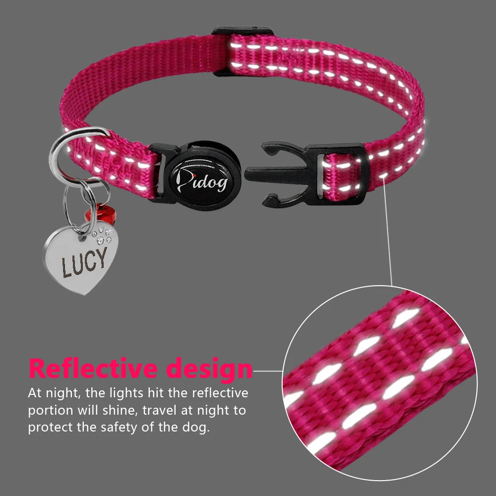 Quick Release Kitten Cat Collar Reflective Personalized Puppy Dog ID Collars Engraved With Bell Free Tag Nameplate For Small Pet