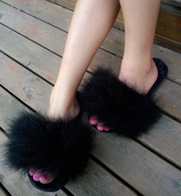 

9 Colors Fur Flip Flops Women Sweet Platform Wedges Sandals Ostrich Feathers Slippers 2019 Summer Platform Thongs Beach Slippers