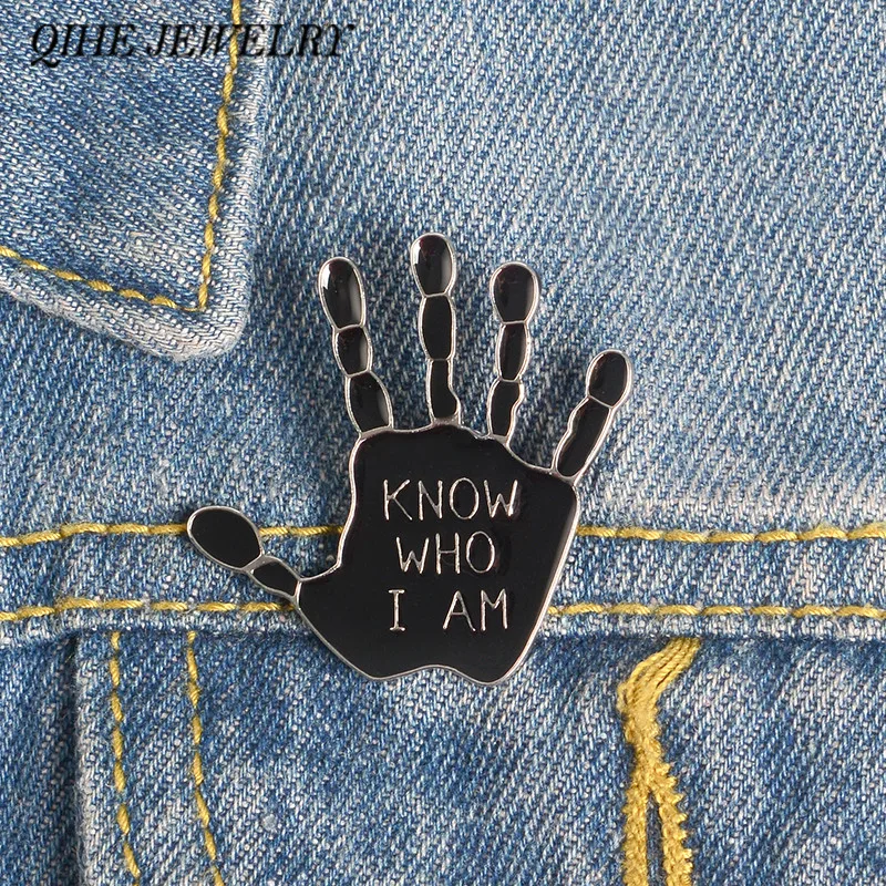 

QIHE JEWELRY Black Gesture Pin Inspiration Quote Lapel Pin Silver Letters Enamel Pin Gift for Men Women Unisex