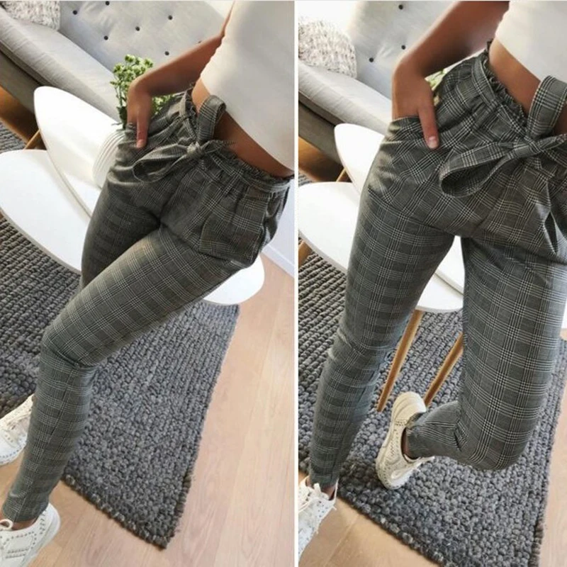 

Women OL High Waist Trousers Drawstring Belted Bowknot Strip/Plaid Harem Pants