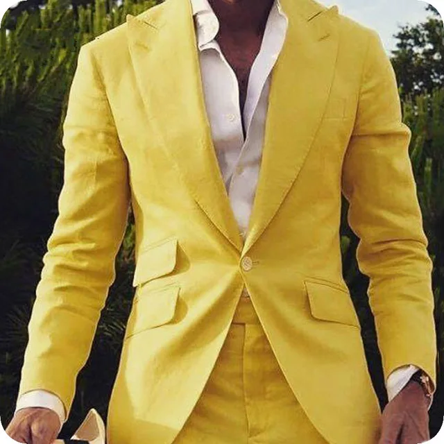 High quality Stylish Yellow Men Wedding Suits Peak lapel 2 Pieces One button Male Slim fit For Wedding Groom Prom Party Suits