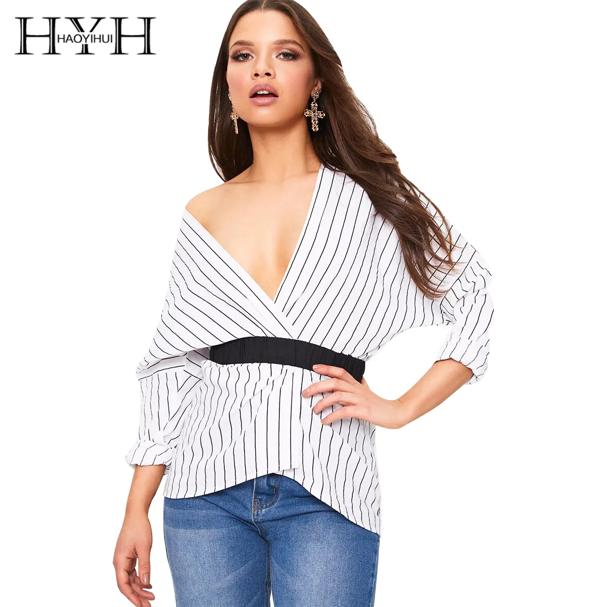 

HYH HAOYIHUI Autumn Office Lady Strip V-Neck Sashes Women Blouses Long Sleeve Slim Female Clothing Fashion Tops
