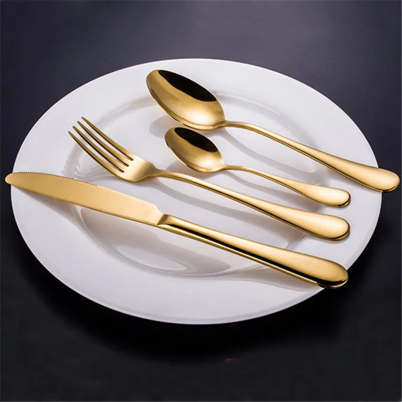 

Stainless Steel Golden Western Food Cutlery Fork Steak Knife Soup Spoons Coffee Scoop Spoon Tableware Set Dinnerware Hot Sale