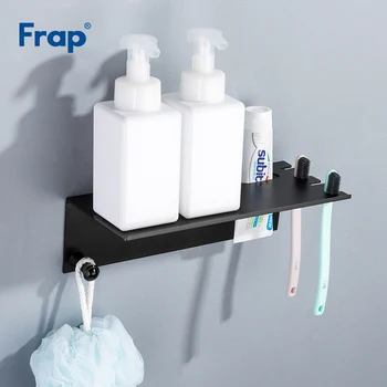 

Frap Wall-mounted Multifunction Bathroom Shelves Toothbrush Toothpaste Holder Storage Rack Black Shampoo Shelf With Hooks Y18077