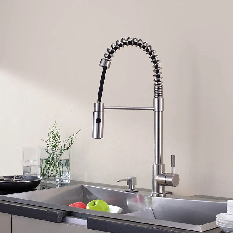 Kitchen Sink Faucet All Stailnless Steel Material Pull Out Down Sprayer Single Handle Deck Mount Nickel