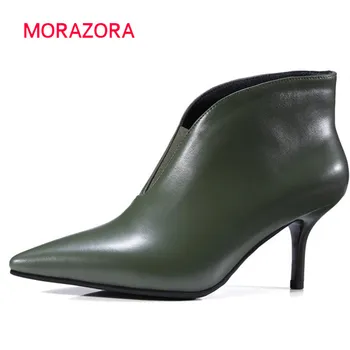 

MORAZORA 2018 New fashion ankle women's boots pointed toe shallow boots high heel thin heels genuine leather boots