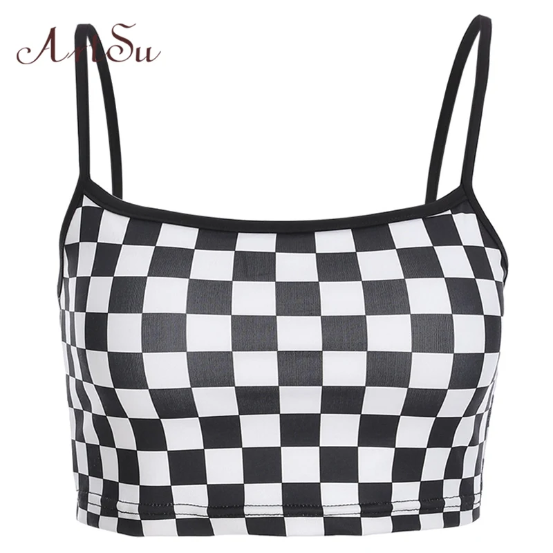 

ArtSu Sexy Plaid Cropped Top 2019 Summer Sleeveless Black Tank Tops Tees Checkerboard Camis Streetwear Workout ASVE20257