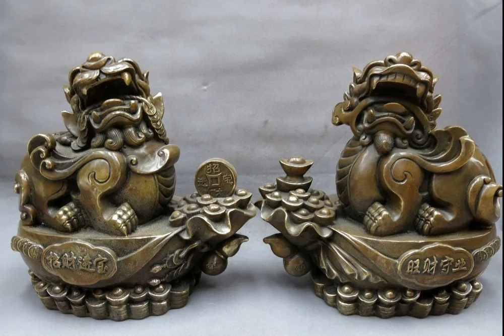 

671115276++12" China brass copper loyal feng shui good lucky Foo Dogs Lions pair Statues