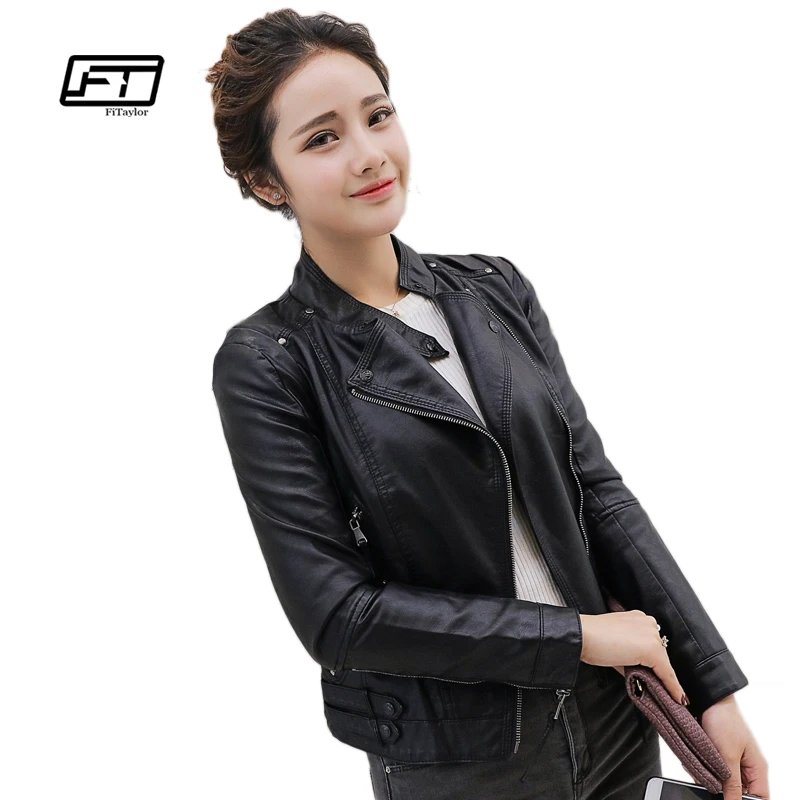 

Fitaylor Autumn Winter Women Faux Soft Leather Jackets PU O Neck Black Blazer Zippers Coat Motorcycle Outerwear