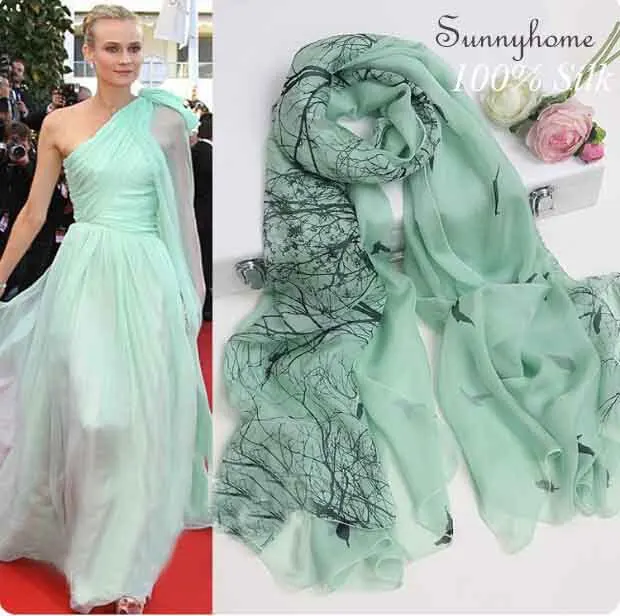 

100% silk High quality pashmina scarves designer brand Famous light green printed tree birds hijab summer style silk scarf shawl