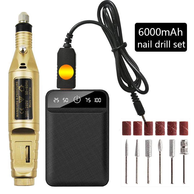 

1 Set 9V USB Electric Nail Drill Machine 6000mAh Mini Power Bank Strong Manicure Pedicure Machine Nail Drill Bits New Apparatus