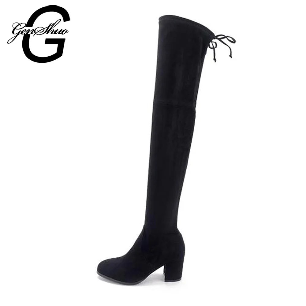 

GENSHUO Fur Winter Boots Women Over The Knee Boots Short Plush Warm Shoes Square High Heel Solid Black Grey Round Toe Botas