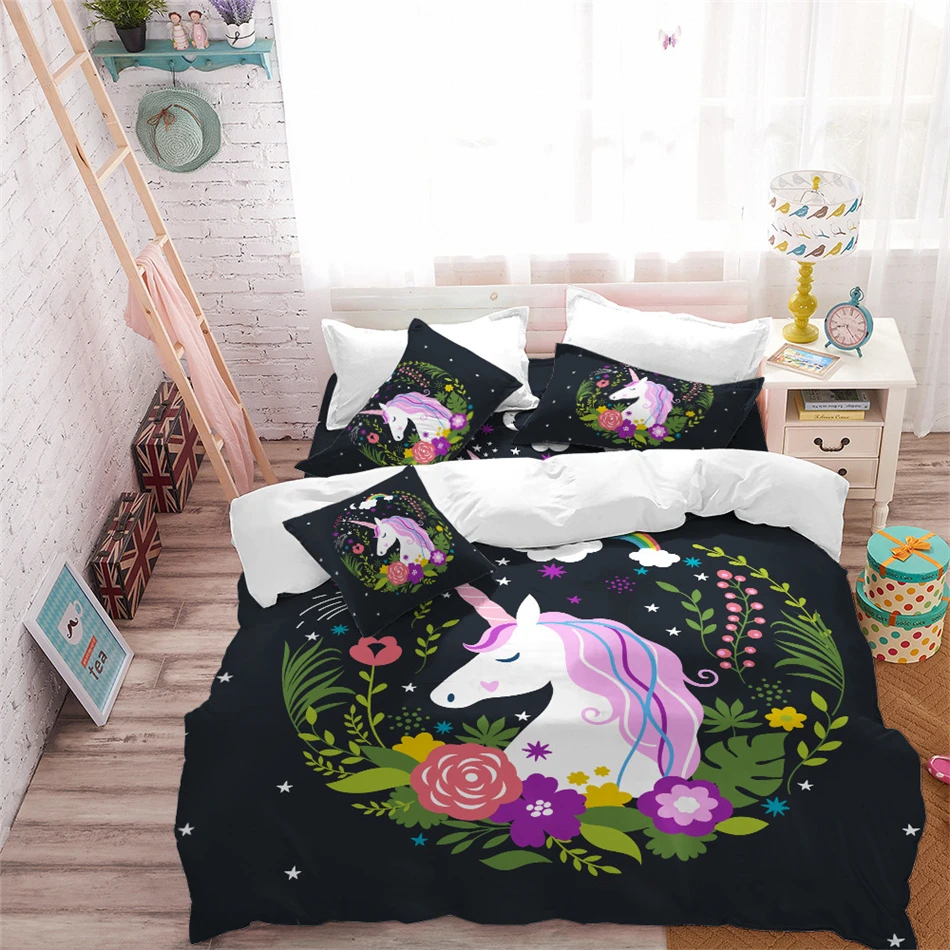 buy Floral Unicorn Bedding Set Girls Princess Cartoon Duvet Cover Set Flowers Plant Print Bedding Twin Full King Queen Bed Cover