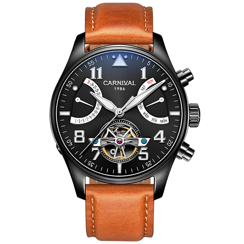 

Carnival Watch Men tourbillon Automatic Mechanical Luminous Black Stainless Steel Waterproof multifunction Leather Watches