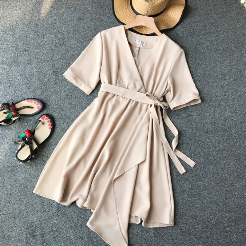 

Summer New Fashion Women Dresses Casual Loose Lace-up Waist Korean Half Sleeve Elegant Beach Sundress Dresses Women LW025