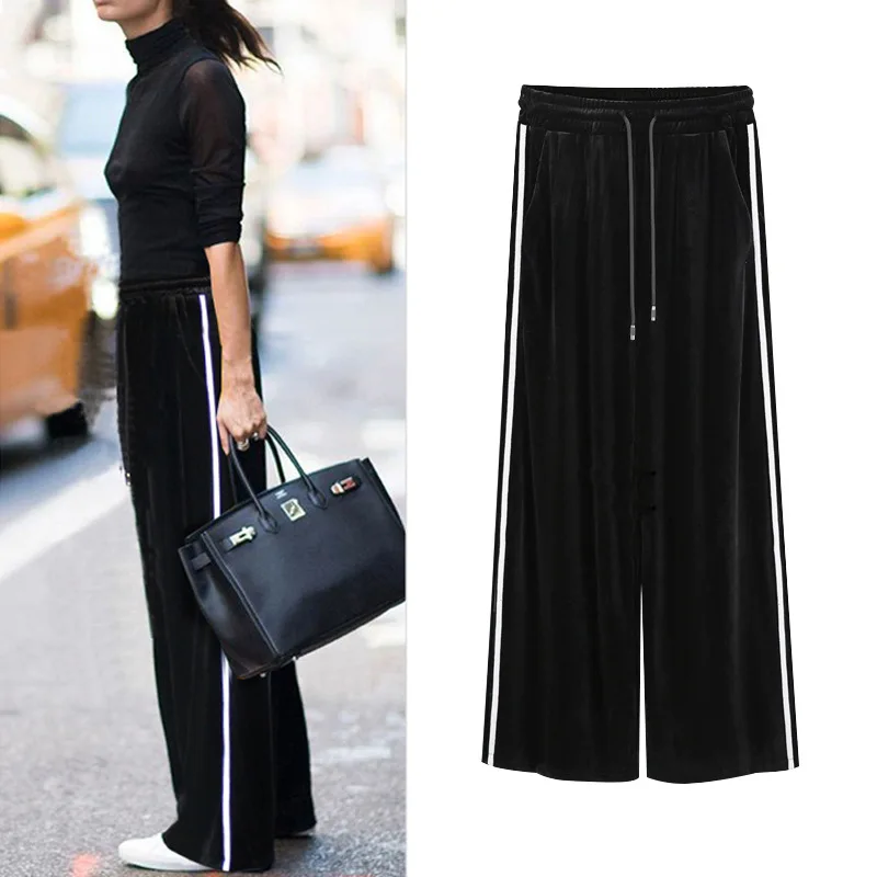 

Plus Size Autumn Winter Velvet Trousers Womens Wide Leg Pants Elastic Waist Loose Pants