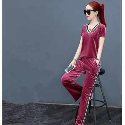

Velvet Tracksuits Set Two Piece 2019 Women Summer Clothes Casual Outfits Short Sleeve Striped Tops and Wide Leg Pants Suit