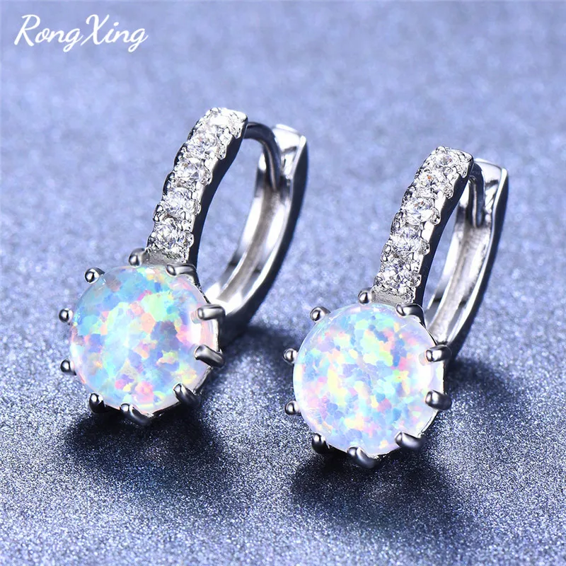 Женские круглые серьги кольца RongXing 8 мм с белым и золотым опалом кристаллами из