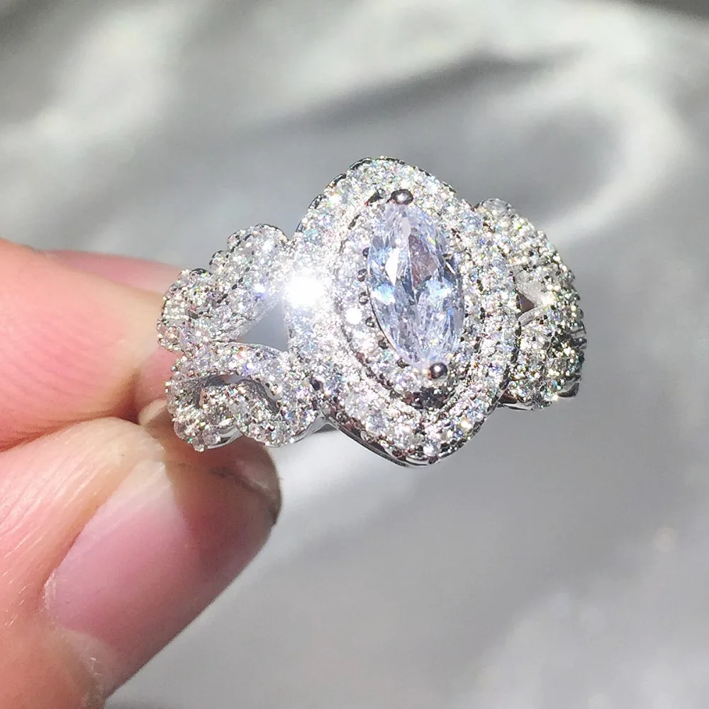 

Hot Sale Real 925 Sterling Silver Wedding Ring Finger Luxury Marquise Cut SONA Diamant Jewelry For Women Engagement Rings Anel