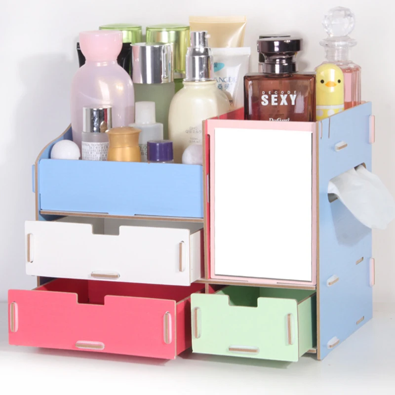 

Wooden Storage Mirror Dressing Case Container Makeup Pen Brush Organizer DIY Assembly Cosmetic Wood Box Tool