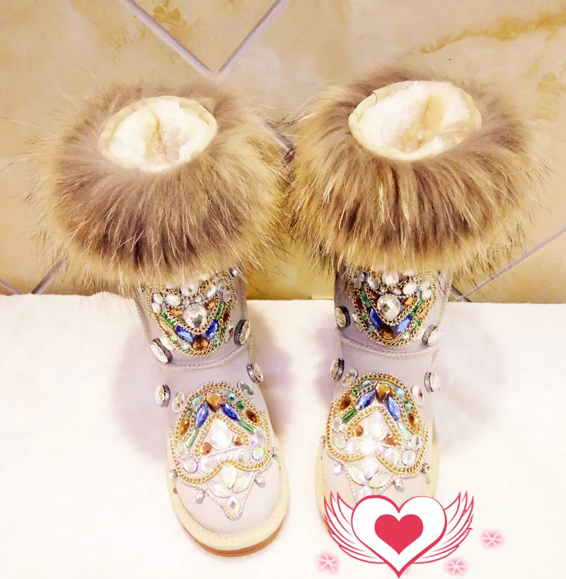 Зимние сапоги на натуральном лисьем меху модные зимние сапоги со стразами женская обувь на плотной теплой подкладке с высоким верхом большой размер(40