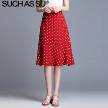 Летняя юбка корейское платье-карандаш плиссированная юбка средняя длинная юбка-Русалка размера плюс белый черный красный горошек шифоновые юбки для женщин