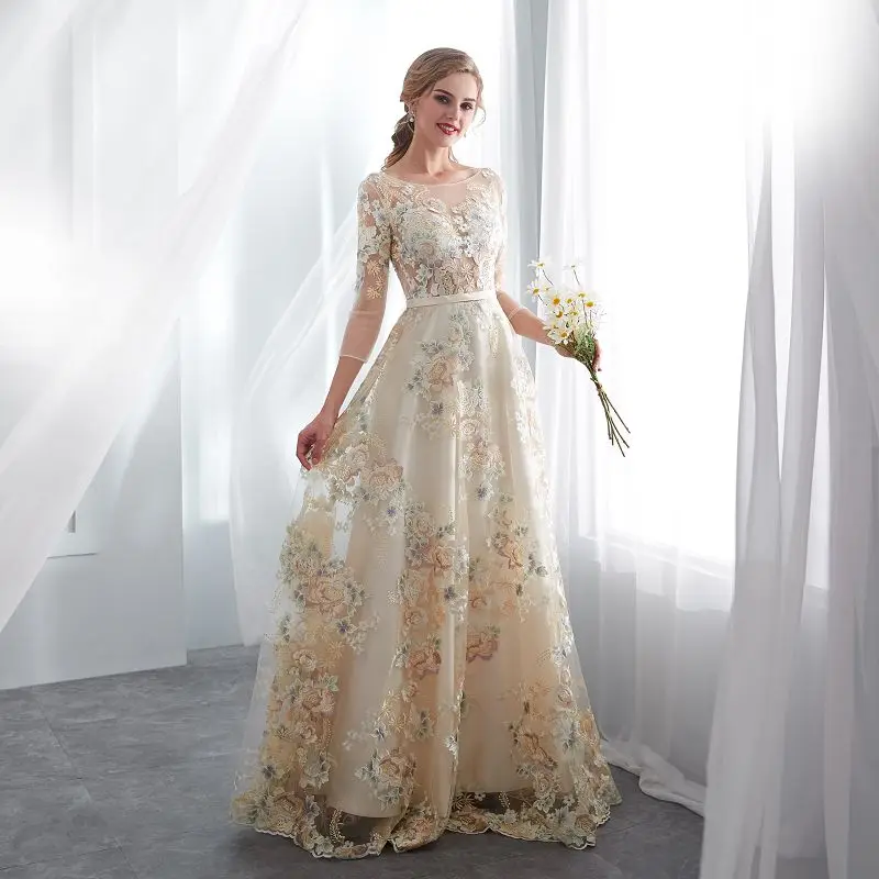 Sexy illusion Evening Dresses Long Formal party Elegant embroidery flower prom gowns 3 quarter sleeve Evening Dresses tulle Sexy illusion Evening Dresses Long Formal party Elegant embroidery flower prom gowns 3 quarter sleeve Evening Dresses tulle